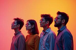 row group of person in glasses standing with gradient orange background, photo