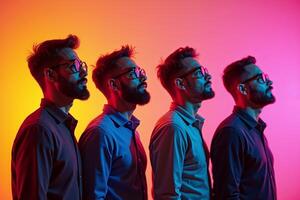 row group of person in glasses standing with gradient orange background, photo