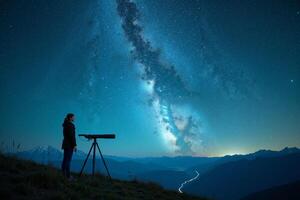 photographer person standing and shoot star galaxy at night in mountain , photo