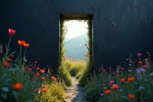small peek view through door with epic nature view, photo
