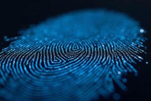 futuristic close up view of blue fingerprint on black background , photo