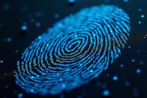 futuristic close up view of blue fingerprint on black background , photo