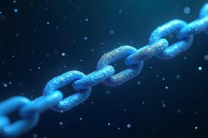 futuristic close up view of blue chain and small particles on black background , photo
