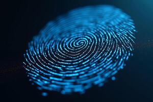 futuristic close up view of blue fingerprint on black background , photo