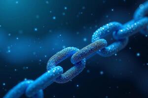 futuristic close up view of blue chain and small particles on black background , photo