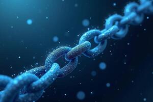 futuristic close up view of blue chain and small particles on black background , photo