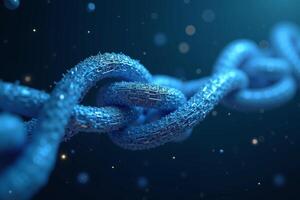 futuristic close up view of blue chain and small particles on black background , photo