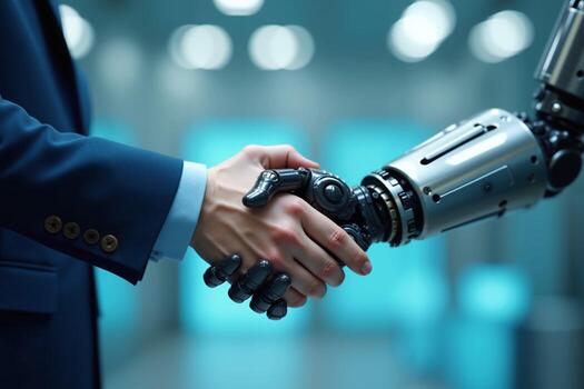 handshake between human person and robot arm, photo