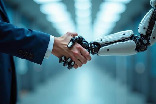 handshake between human person and robot arm, photo