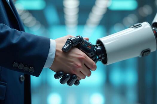 handshake between human person and robot arm, photo