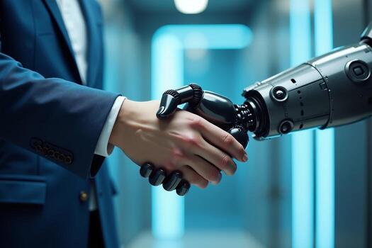 handshake between human person and robot arm, photo