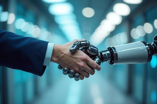 handshake between human person and robot arm, photo