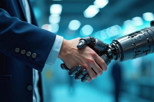 handshake between human person and robot arm, photo