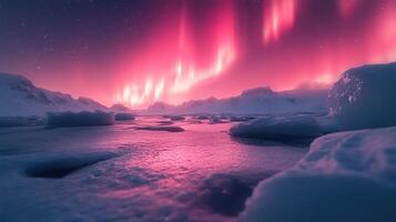 Pink aurora borealis, morthern lights over ice and snow landscape photo