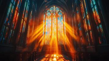 beautiful vibrant stained glass window of the cathedral with piercing rays photo