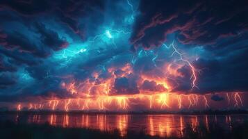 A stormy sky with multiple cloud to ground lightning strikes photo