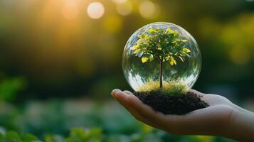 Earth crystal glass globe ball and growing tree in human hand photo