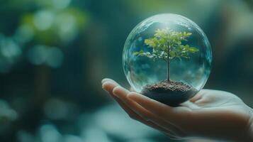 Earth crystal glass globe ball and growing tree in human hand photo