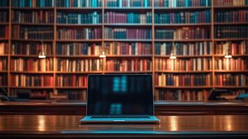 Library desk with books and laptop representing education technology photo