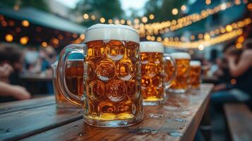 Oktoberfest, munich. Beer mugs on table, People drinking beer photo