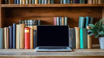 Library desk with books and laptop representing education technology photo