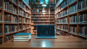 Library desk with books and laptop representing education technology photo