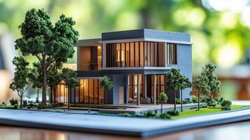 Architect hands write building plan with model house photo