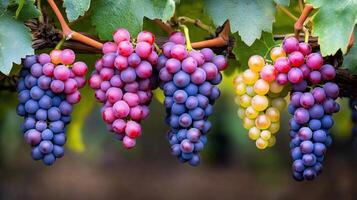 Bunches of colorful grapes hanging on vine ready for harvest photo