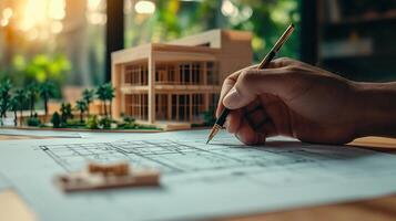 Architect hands write building plan with model house photo