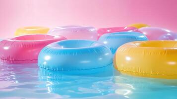 Colorful inflatable shapes floating on pastel background photo