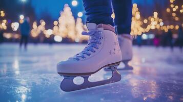 Close-up of ice skates on a festive outdoor ice rink at night photo