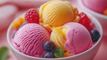 Delicious ice cream scoops with fresh fruits photo