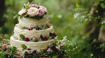 Fantasy multi-tiered cake. Sponge cake is white cream photo