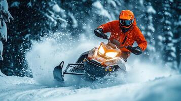 Snowmobiler riding through a snowy forest. photo