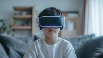 An Asian boy enjoys metaverse gaming with a wearable VR headset photo