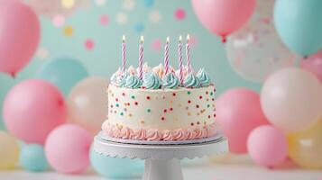 birthday party balloons with confetti and cake on light photo