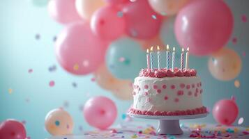 birthday party balloons with confetti and cake on light photo