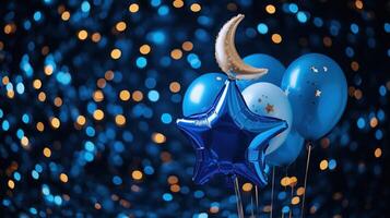 Blue star and moon shaped balloons forming night sky photo