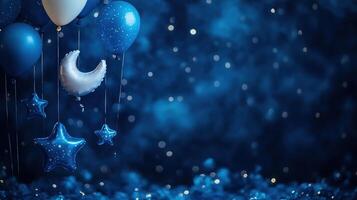 Blue star and moon shaped balloons forming night sky photo
