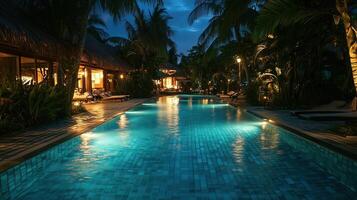 Luxurious tropical resort pool in the night photo