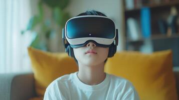 An Asian boy enjoys metaverse gaming with a wearable VR headset photo
