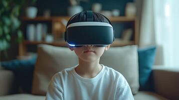 An Asian boy enjoys metaverse gaming with a wearable VR headset photo