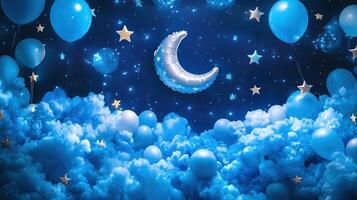 Blue star and moon shaped balloons forming night sky photo