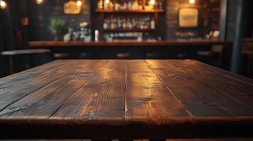 Rustic empty wooden table. Vintage pub interior. Dark wood counter. photo