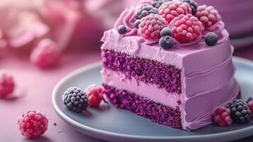 Piece of cake, cake slice in creative colors, pink metal berries. photo