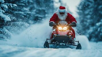 Santa Claus riding a snowmobile in snowy landscape. photo