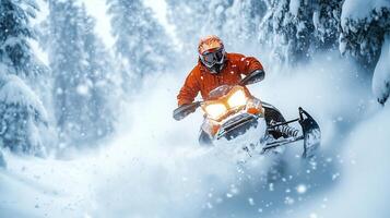 Snowmobiler riding through a snowy forest. photo