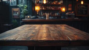Rustic empty wooden table. Vintage pub interior. Dark wood counter. photo