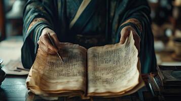 Close up of a Three Kingdoms strategist holding ancient scrolls photo
