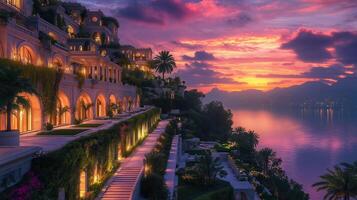 Lush terraces of the Hanging Gardens under a twilight sky photo